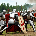 **Image:** Medieval knights clashing in battle at the Battle of Grunwald site, Poland. Focus on the intensity and historical significance.