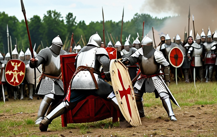 **Image:** Medieval knights clashing in battle at the Battle of Grunwald site, Poland. Focus on the intensity and historical significance.