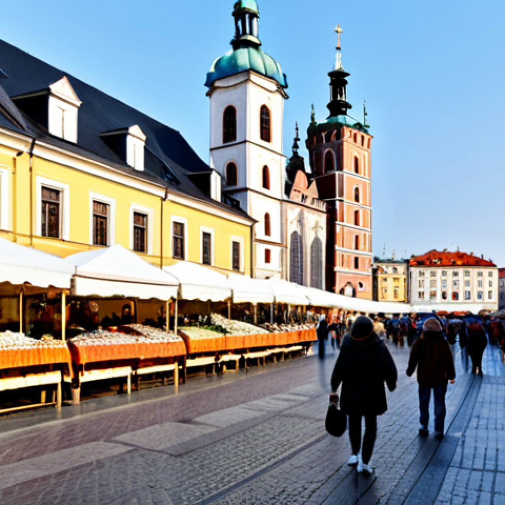 Krakow Main Market Square**

"A bustling scene in Krakow's Main Market Square (Rynek Główny) featuring the Cloth Hall (Sukiennice) and St. Mary's Basilica in the background. People are walking around, some are shopping at stalls, others are enjoying the atmosphere. Everyone is fully clothed in appropriate attire for a pleasant day. The scene is vibrant and colorful. Safe for work, appropriate content, family-friendly, perfect anatomy, correct proportions, professional photography, high quality."

**