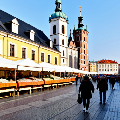 Home 6 Krakow Main Market Square**
"A bustling scene in Krakow's Main Market Square (Rynek Główny) featuring the Cloth Hall (Sukiennice) and St. Mary's Basilica in the background. People are walking around, some are shopping at stalls, others are enjoying the atmosphere. Everyone is fully clothed in appropriate attire for a pleasant day. The scene is vibrant and colorful. Safe for work, appropriate content, family-friendly, perfect anatomy, correct proportions, professional photography, high quality."
**