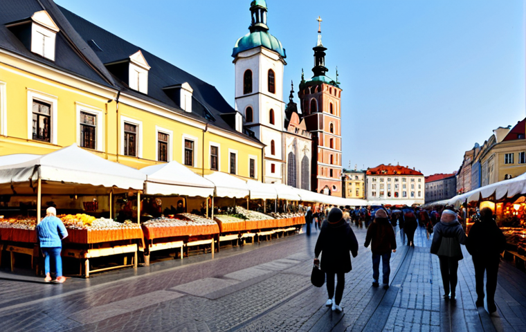 Krakow Main Market Square**
"A bustling scene in Krakow's Main Market Square (Rynek Główny) featuring the Cloth Hall (Sukiennice) and St. Mary's Basilica in the background. People are walking around, some are shopping at stalls, others are enjoying the atmosphere. Everyone is fully clothed in appropriate attire for a pleasant day. The scene is vibrant and colorful. Safe for work, appropriate content, family-friendly, perfect anatomy, correct proportions, professional photography, high quality."
**